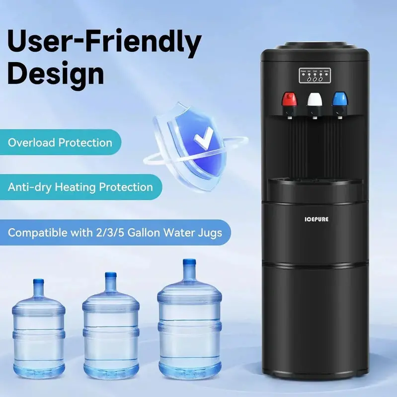 ICEPURE 3-in-1 Hot & Cold Water Dispenser – Built-in Ice Maker (26.5 lbs/24H), Top-Loading Design, Child Safety Lock, Black