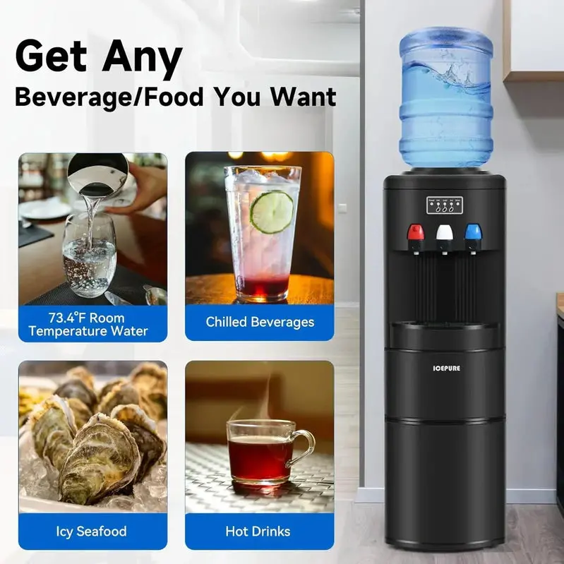 ICEPURE 3-in-1 Hot & Cold Water Dispenser – Built-in Ice Maker (26.5 lbs/24H), Top-Loading Design, Child Safety Lock, Black