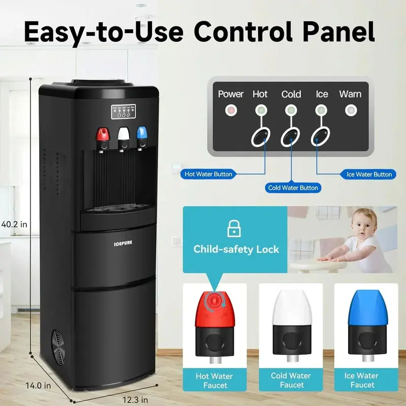 ICEPURE 3-in-1 Hot & Cold Water Dispenser – Built-in Ice Maker (26.5 lbs/24H), Top-Loading Design, Child Safety Lock, Black