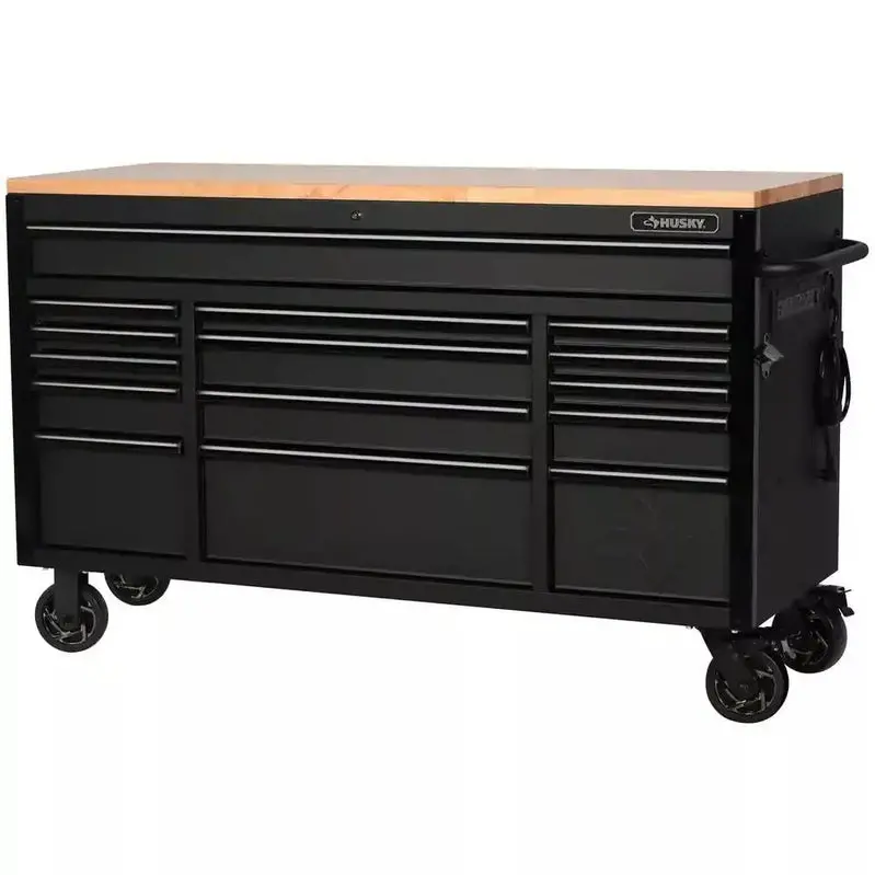 Industrial-Grade 61" Mobile Tool Cabinet – 15-Drawer Steel Base & Durable Solid Wood Countertop