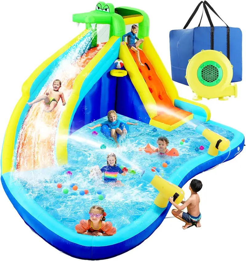 Inflatable Backyard Water Play Center – 8-in-1 Kids’ Splash Park Featuring Slide, Bouncer, Pool & More
