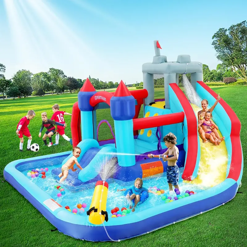 Inflatable Backyard Water Play Center – 8-in-1 Kids’ Splash Park Featuring Slide, Bouncer, Pool & More