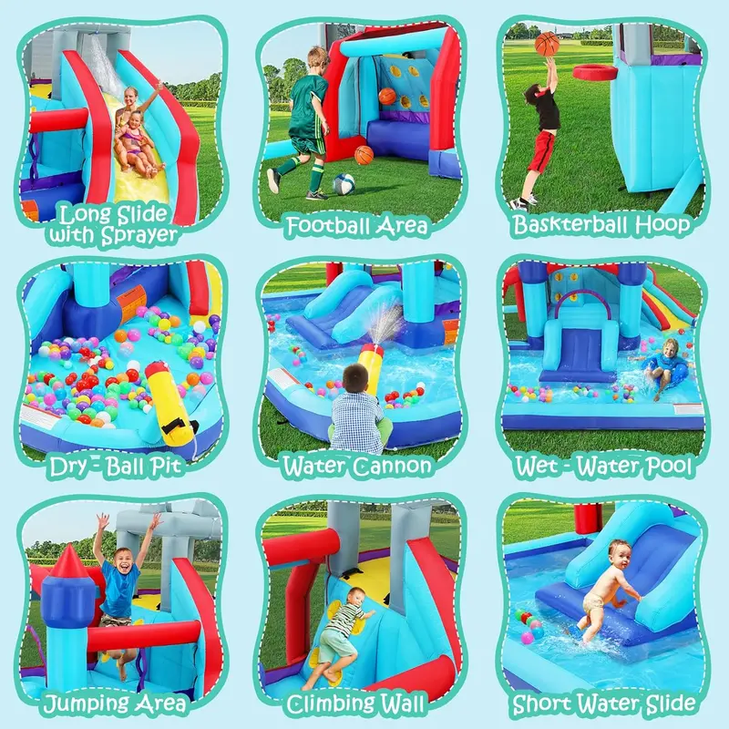 Inflatable Backyard Water Play Center – 8-in-1 Kids’ Splash Park Featuring Slide, Bouncer, Pool & More