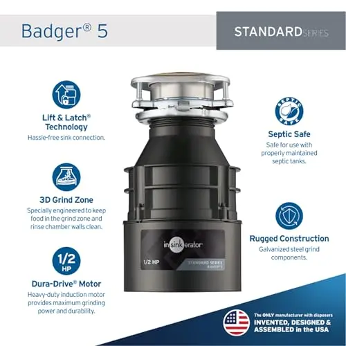 InSinkErator Badger 5 Garbage Disposal – 1/2 HP Continuous Feed Unit with Space-Saving Mount and Quick Lock Installation