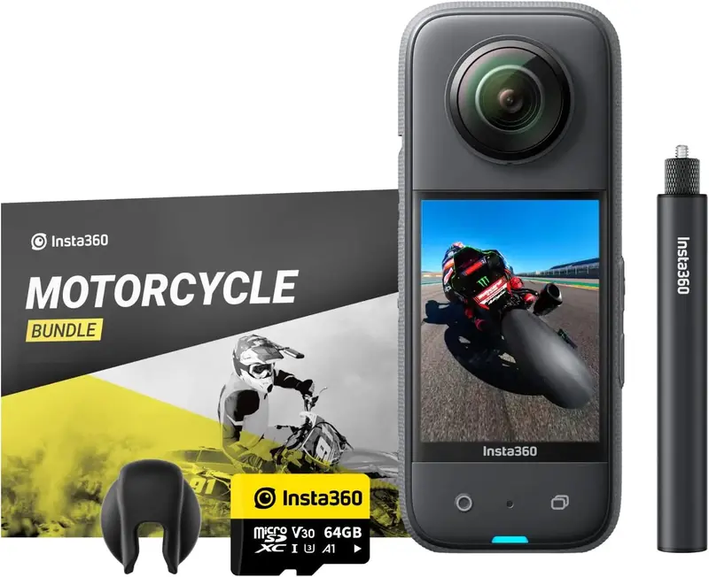 Insta360 X3 Motorcycle Mount Bundle – Waterproof 360° Action Camera Featuring 48MP Sensors & WiFi Connectivity