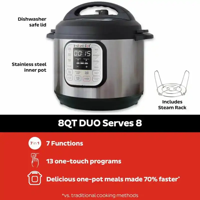 Instant Pot Duo 8-Quart Electric Pressure Cooker – Stainless Steel Dual-Function Appliance (Pressure + Slow Cook)