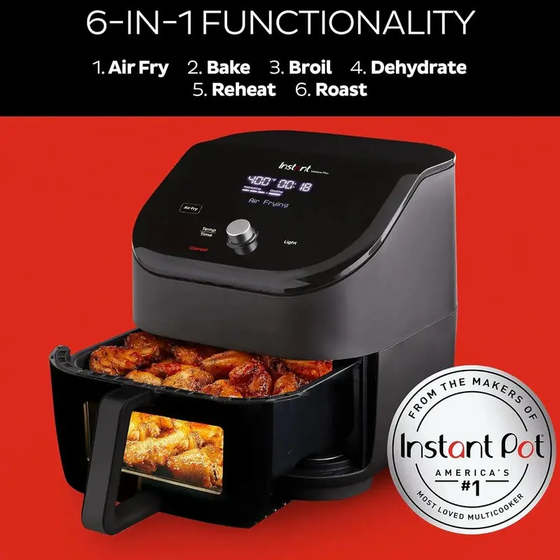 Instant Vortex Plus 6-Quart Air Fryer – ClearCook Viewing Window, 6-in-1 Functionality (Air Fry, Bake, Roast, Broil, Dehydrate, Reheat), Matte Black