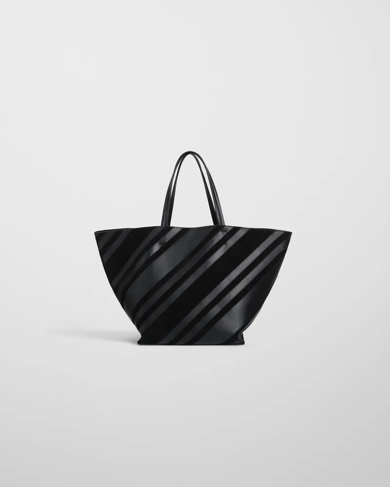 Intarsia Basket Cabas Bag | Black Leather & Suede With Silver Accents