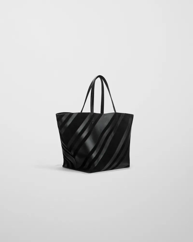 Intarsia Basket Cabas Bag | Black Leather & Suede With Silver Accents