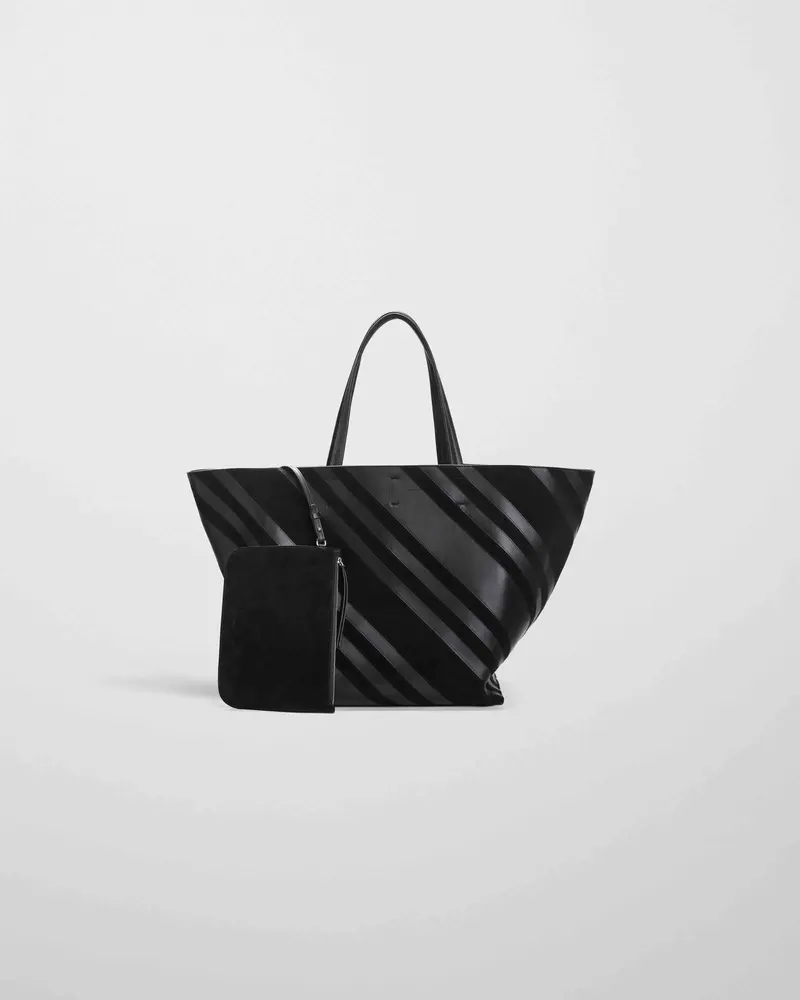 Intarsia Basket Cabas Bag | Black Leather & Suede With Silver Accents