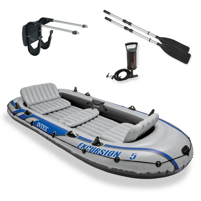 Intex Excursion 5-Person Inflatable Fishing Boat – Includes Motor Mount, Oars, and Repair Kit
