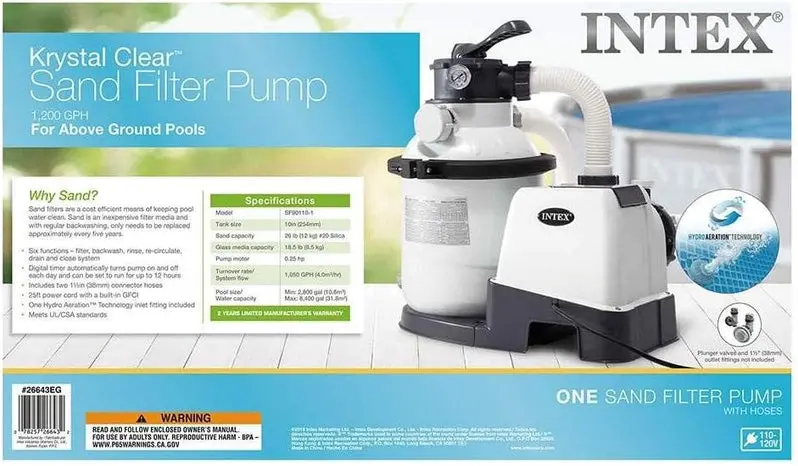 Intex Krystal Clear 16-Inch Sand Filter Pump – 3,000 GPH System with Timer, GFCI Safety, and 6-Function Valve for Above-Ground Pools