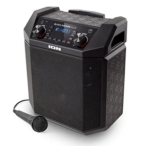 ION Audio Block Rocker Plus: 100W Bluetooth Speaker with Karaoke Mic, AM/FM Radio, Wheels, and USB Charging