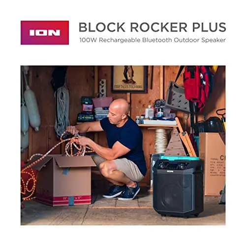 ION Audio Block Rocker Plus: 100W Bluetooth Speaker with Karaoke Mic, AM/FM Radio, Wheels, and USB Charging