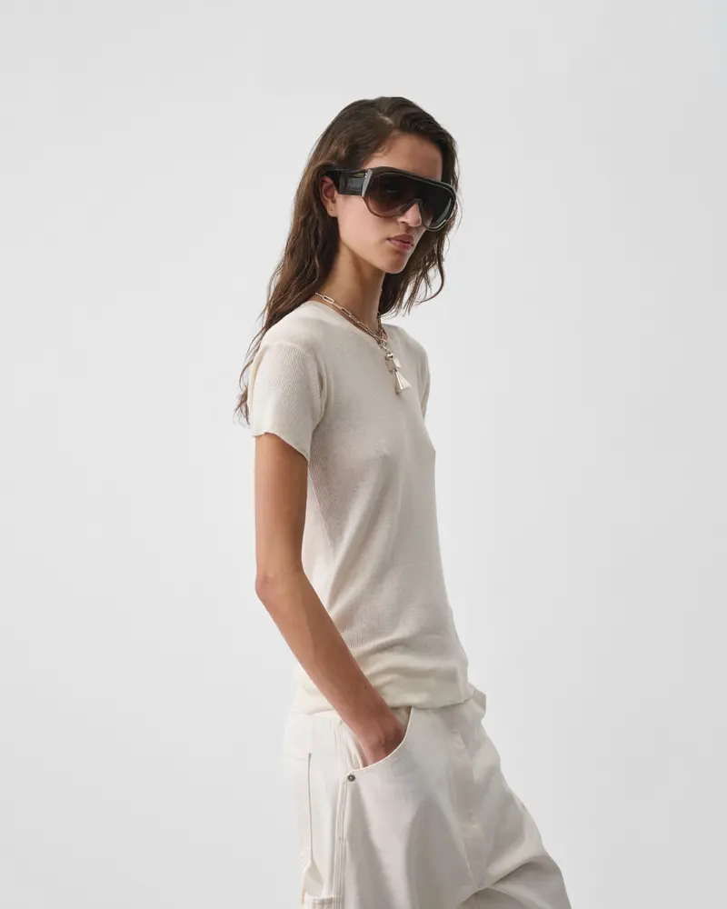 Ivory Cotton-Silk Ribbed Scoop-Neck T-Shirt