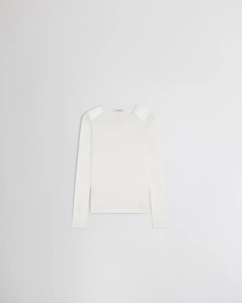 Ivory Slub Cotton Crewneck Top With Artisan Seam Detailing