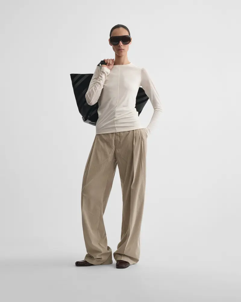 Ivory Slub Cotton Crewneck Top With Artisan Seam Detailing