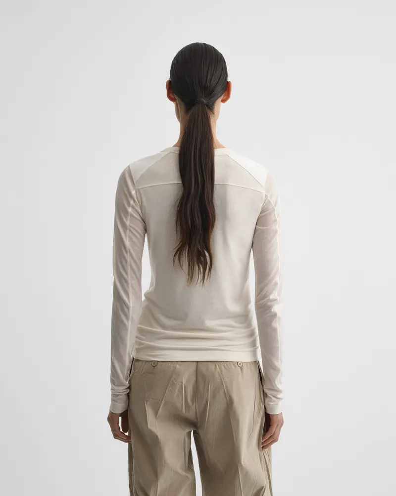 Ivory Slub Cotton Crewneck Top With Artisan Seam Detailing