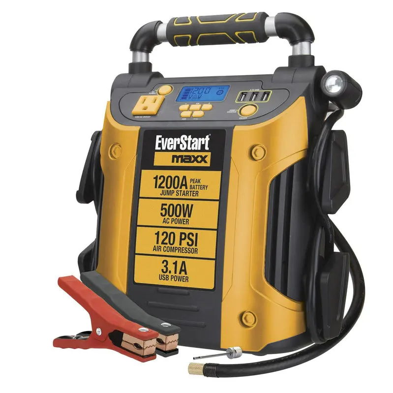 J5CPDE All-in-One Jump Starter & Power Station – 1200A Peak Cranking, 500W Pure Sine Wave Inverter, Integrated 120 PSI Air Compressor