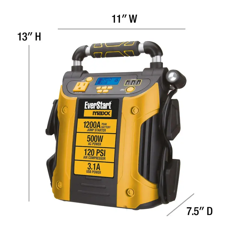 J5CPDE All-in-One Jump Starter & Power Station – 1200A Peak Cranking, 500W Pure Sine Wave Inverter, Integrated 120 PSI Air Compressor