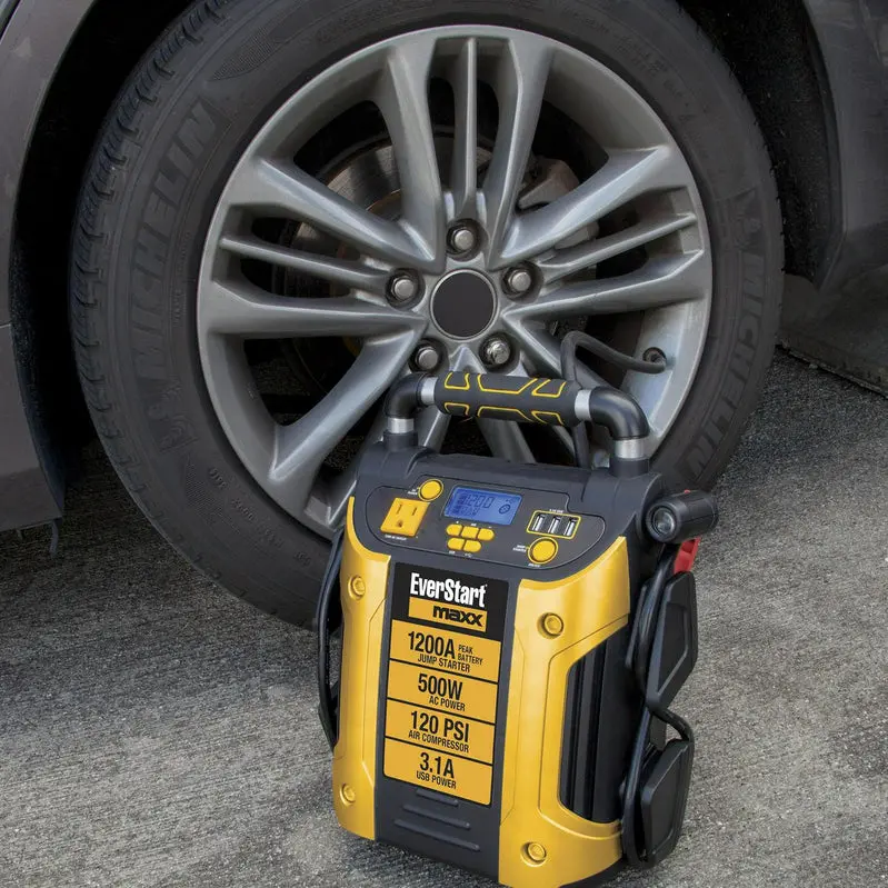 J5CPDE All-in-One Jump Starter & Power Station – 1200A Peak Cranking, 500W Pure Sine Wave Inverter, Integrated 120 PSI Air Compressor