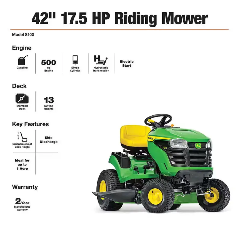 John Deere S100 Riding Lawn Mower – 42" Cutting Width, 17.5 HP V-Twin Gas Engine with Hydrostatic Drive