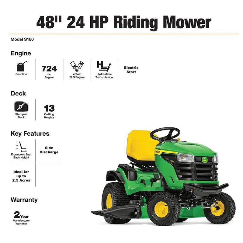 John Deere S160 48-Inch Riding Lawn Tractor with 24 HP V-Twin Engine and Hydrostatic Transmission