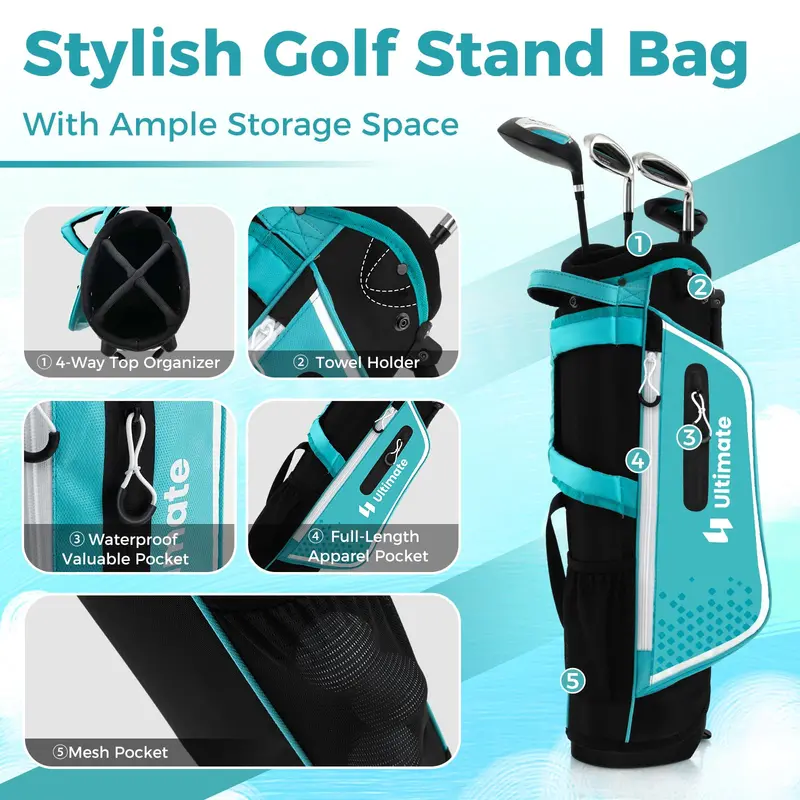 Junior Right-Handed Golf Set for Children – Includes Stand Bag and Waterproof Rain Hood