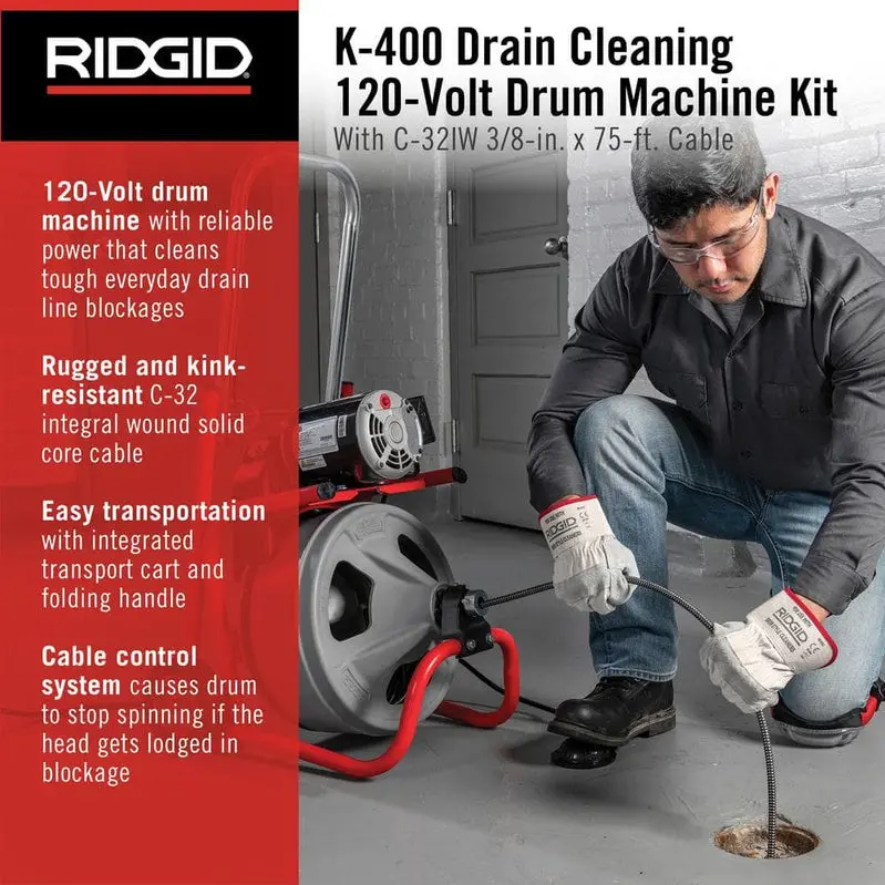 K-400 Electric Drain Auger – 120V Drum-Type Machine with 75-Foot 3/8" Cable, C-32IW Cutter, and Full Accessory Kit