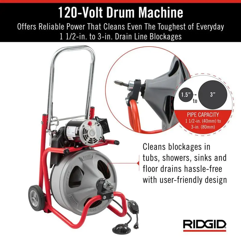 K-400 Electric Drain Auger – 120V Drum-Type Machine with 75-Foot 3/8" Cable, C-32IW Cutter, and Full Accessory Kit