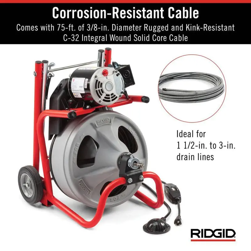 K-400 Electric Drain Auger – 120V Drum-Type Machine with 75-Foot 3/8" Cable, C-32IW Cutter, and Full Accessory Kit