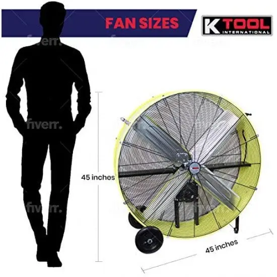 K Tool International 42-Inch Belt-Drive Drum Fan – Industrial Garage Fan with Dual-Speed Control, Safety Shutoff, and Mobility Wheels