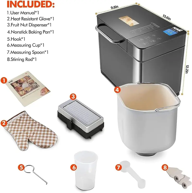 KBS 17-in-1 Stainless Steel Bread Maker – Dual Heating Elements and Programmable Baking Modes