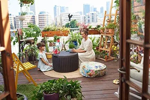 Keter Circa 37-Gallon Round Patio Storage Box – Weatherproof Brown Deck Table for Outdoor Essentials