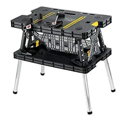 Keter Compact Miter Saw Stand with Built-in Workbench – Includes 12" Wood Clamps & Foldable Garage Storage Design (Black/Yellow)