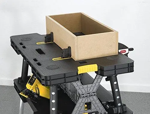 Keter Compact Miter Saw Stand with Built-in Workbench – Includes 12" Wood Clamps & Foldable Garage Storage Design (Black/Yellow)