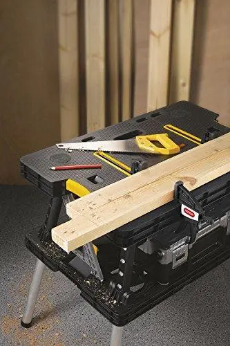Keter Compact Miter Saw Stand with Built-in Workbench – Includes 12" Wood Clamps & Foldable Garage Storage Design (Black/Yellow)