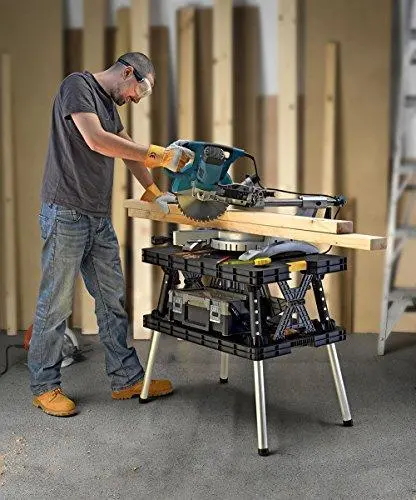 Keter Compact Miter Saw Stand with Built-in Workbench – Includes 12" Wood Clamps & Foldable Garage Storage Design (Black/Yellow)
