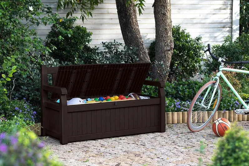 Keter Solana 70-Gallon Weatherproof Outdoor Storage Bench for Patio, Garden, and Pool Equipment