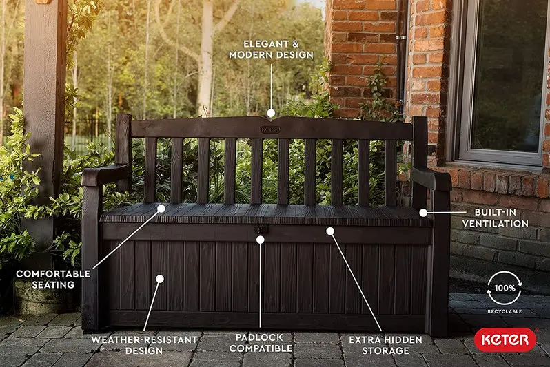 Keter Solana 70-Gallon Weatherproof Outdoor Storage Bench for Patio, Garden, and Pool Equipment