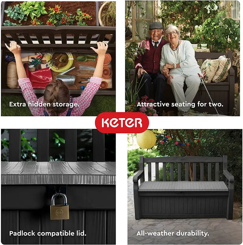 Keter Solana 70-Gallon Weatherproof Outdoor Storage Bench for Patio, Garden, and Pool Equipment