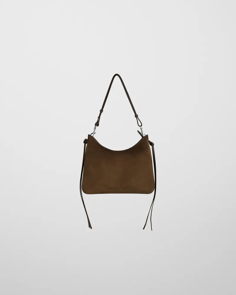 Khaki Suede Crossbody Gig Bag With Structured Compartments