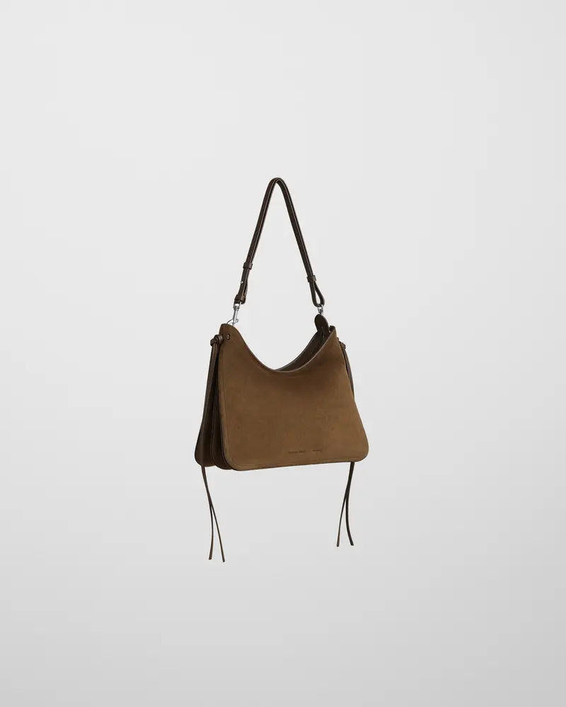 Khaki Suede Crossbody Gig Bag With Structured Compartments 2