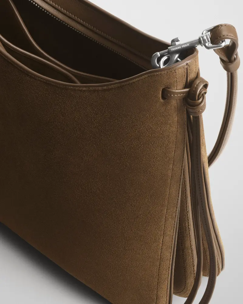 Khaki Suede Crossbody Gig Bag With Structured Compartments