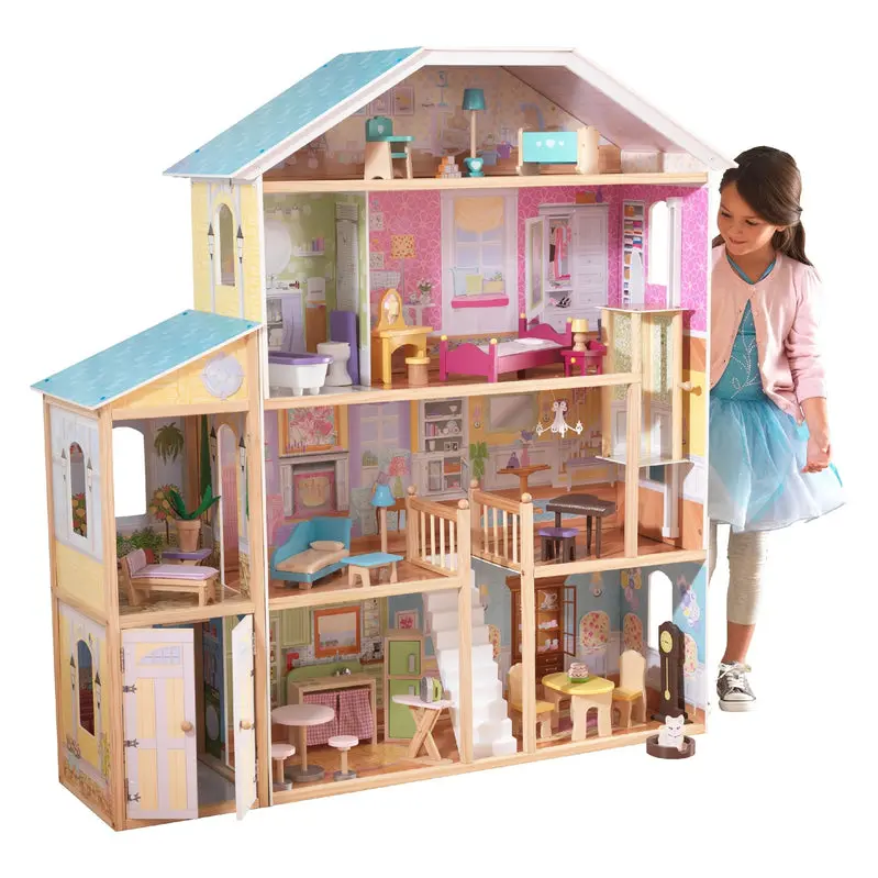KidKraft Majestic Mansion Wooden Dollhouse – Three-Level Playset Featuring 34 Decorative Accessories
