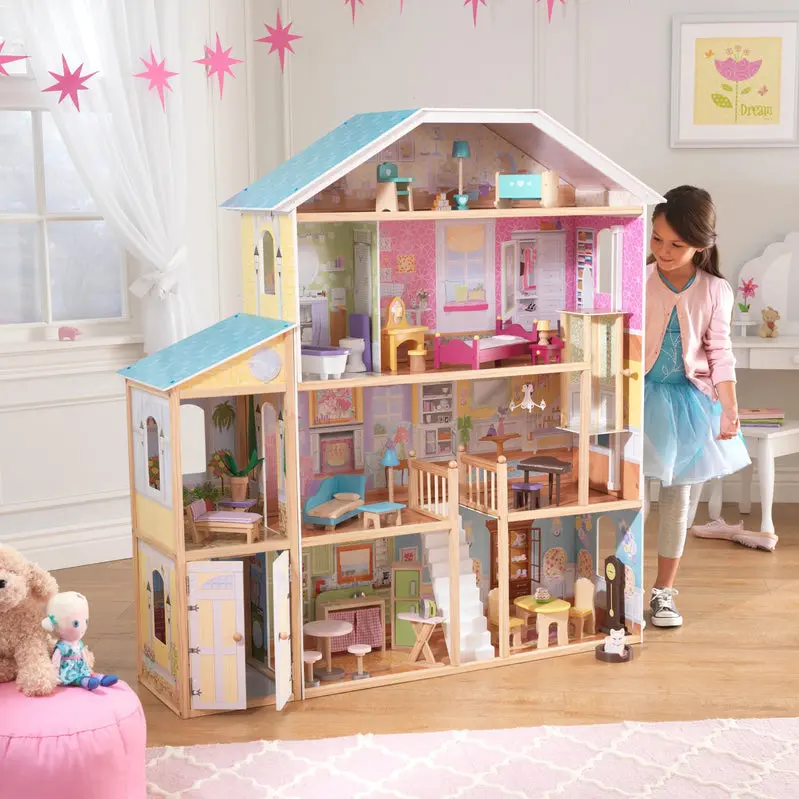 KidKraft Majestic Mansion Wooden Dollhouse – Three-Level Playset Featuring 34 Decorative Accessories