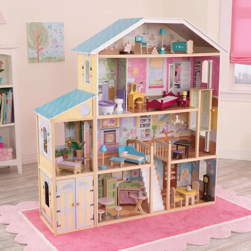 KidKraft Majestic Mansion Wooden Dollhouse – Three-Level Playset Featuring 34 Decorative Accessories