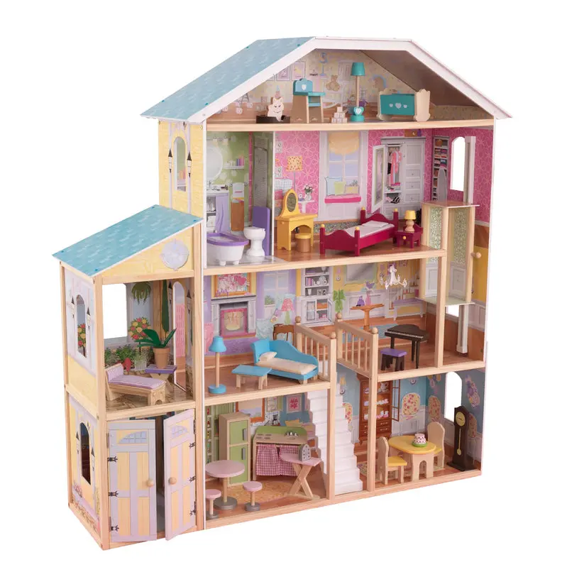 KidKraft Majestic Mansion Wooden Dollhouse – Three-Level Playset Featuring 34 Decorative Accessories