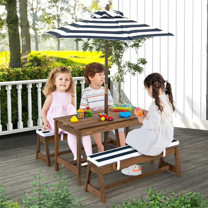Kids’ Outdoor Picnic Table & Bench Set – Wooden Play Table with Cushioned Seats & Height-Adjustable Umbrella