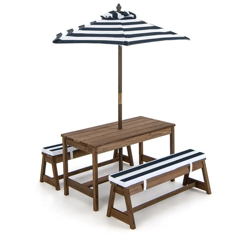 Kids’ Outdoor Picnic Table & Bench Set – Wooden Play Table with Cushioned Seats & Height-Adjustable Umbrella